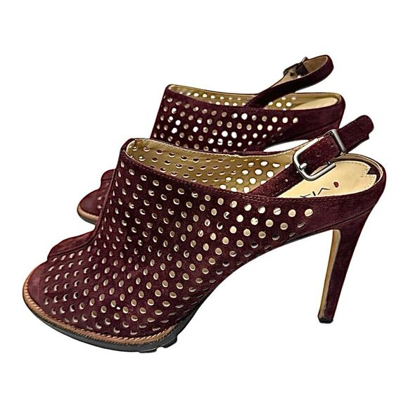Via Spiga Tasa Burgundy Suede Peep Toe High Heel Shoes Size 10 Medium Pre-Owned - Picture 10 of 11
